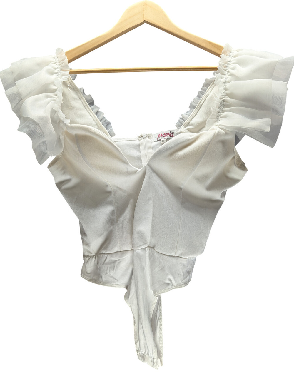 NWT MadRag Bodysuit Women  Ruffle Sleeve Sweetheart White